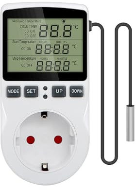 Digitaler Temperaturregler, LCD Bildschirm Heizung Kühlung Thermostat Steckdose für Reptilien Inkubator Gewächshaus Brauerei Kühlschrank (EU Stecker)