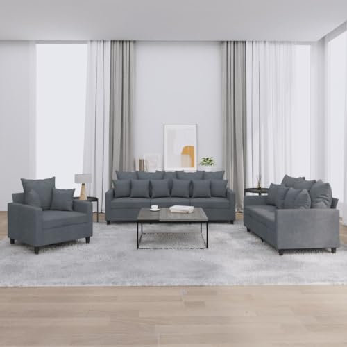 Willood 3-TLG. Sofagarnitur mit Kissen Dunkelgrau Samt,Sofa geeignet für Wohnzimmer, Sofa Set, mit Armlehnen und Kissen