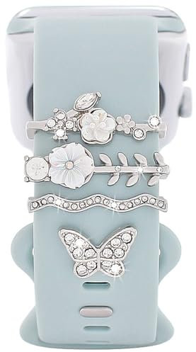 Set di ciondoli per cinturino per orologio, anelli decorativi compatibili con cinturini in silicone Apple Watch da 38, 40, 41, 42, 44, 45, 49 mm, chic ed eleganti, con fiori, farfalle, diamanti,