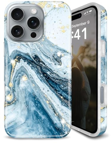 JIAXIUFEN Case for iPhone 16 Pro 6.3 Sparkle Glitter Plating Design Slim Shockproof Protective TPU Cover Phone Case 2024 Marble Blue