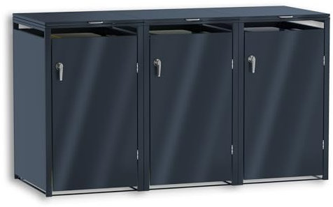 Graviers Lot de 3 cache-poubelles de 240 l - En acier anthracite - Résistant aux intempéries, robuste et verrouillable avec couvercle automatique