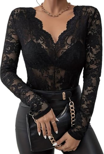 TouKingda Sexy Lace Floral Top for Women, Elegant V Neck Mesh Top See Through Lace Long Sleeve Tops, Fashion Slim Fit Base Shirt Casual Tee Shirts Clubwear Streetwear (Black-M)