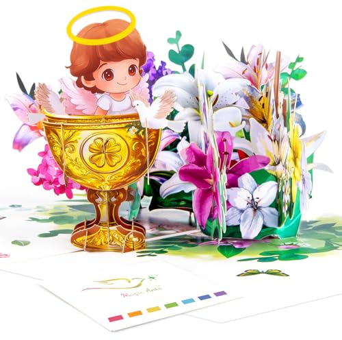 Taufe 3D Pop Up Karte für Mädchen - Grußkarte zur Taufe mit Engel, Tauben, Blumen und edlen Golddetails - Taufgeschenk und Feier für Baby Mädchen