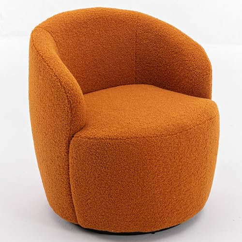 FARRINGTON Teddy-Drehsessel, Runder Boucle Sessel mit 360° Drehbarem Metallfuß, Bequemer Gemütlicher Drehstuhl Ohne Rollen Schminktisch Stuhl Armlehnstuhl Lesesessel (Orange)