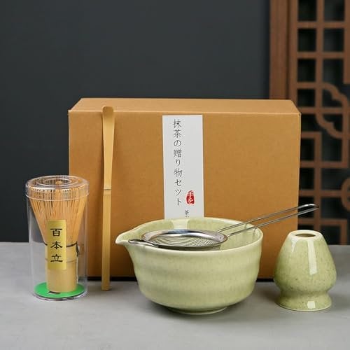 XPJBKC Matcha Whisk Set, 5 PCS Matcha Tea Kit, Reusable Matcha Whisk and Bowl, Matcha Whisk Holder, Matcha Powder Strainer, Matcha Tea Set Gift for Beginners and Enthusiasts (Green)