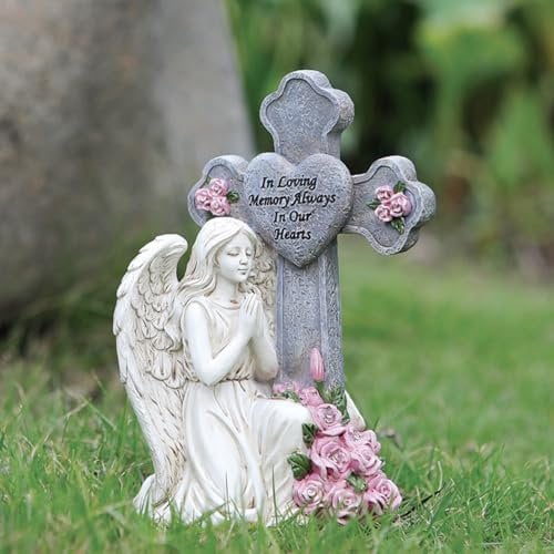 Engel Figur Garten Statue mit Solarleuchten Grablichter für Draußen, Schutzengel Blumen mit Licht Grabdekoration Wetterfest,Gartendeko Solar Gartenfiguren für Friedhof Grabschmuck Urnengrab (Weiß)