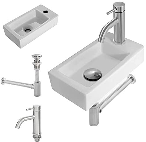 OUUTMEE Petit lavabo suspendu ou à poser pour WC d'invités - Blanc - 370 x 185 x 90 mm