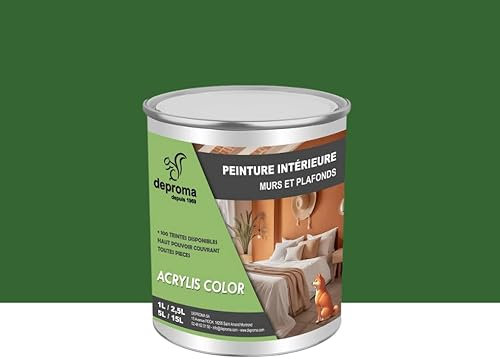 DEPROMA Peinture Acrylique Intérieure 1L - Finition Velours – Haute Opacité – Séchage Rapide – Fabrication Française (Vert Gazon)