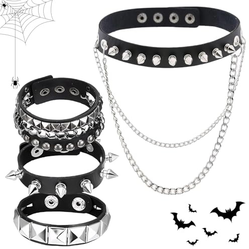 Black Studded Choker,4 Pcs Punk Black Leather Choker Necklace and Rock Leather Bracelets Set,Metal Gothic Necklace,Spiked Bracelet,Punk Accessories Adjustable PU Leathers Chain Collar for Women Men