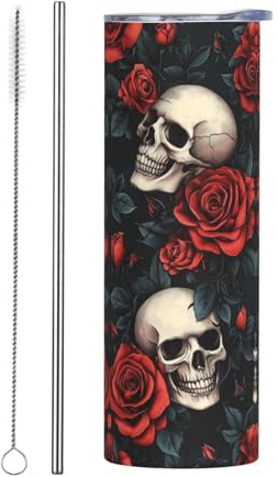 Boltpack Skull and Flower Print 20oz Tumbler with Lid and Straw Stainless Steel Water Bottle Reusable Insulated Mug Travel Coffee Mug