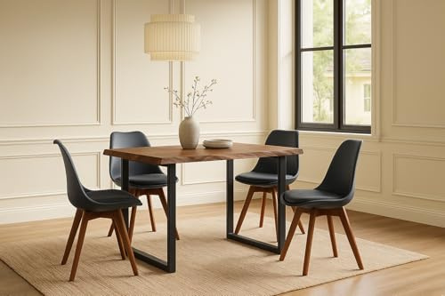 SAM 5 TLG. Essgruppe Josy | Esstisch mit 4 Stühlen | 120x80 cm mit Baumkante | Holz Nussbaum-Optik | 40 mm Platte | U-Gestell Schwarz | 4X Schalenstuhl Schwarz + Gestell in Nussbaumfarben