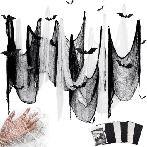 5 Stück Halloween Deko Stoff, 183 x 76 cm Halloween Gruseliges Tuch Gaze Dekorationen mit 12 Fledermaus Aufkleber, für die perfekte Grusel-Atmosphäre, für Garten, Veranden, Fenster(Schwarz und Weiß)