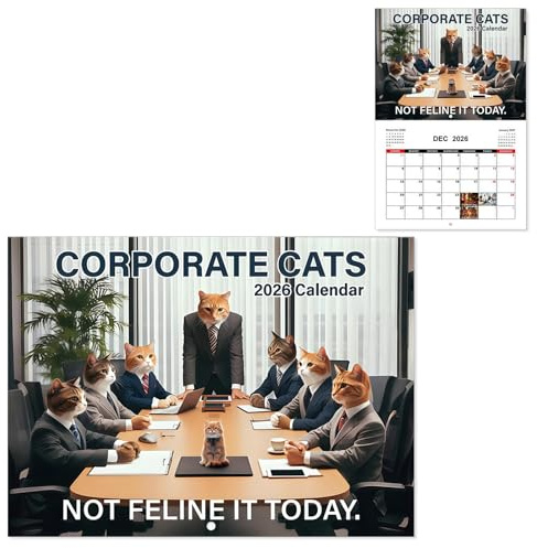 LUMOOM Wandkalender 2026, Lustiger katze Kalender 2026, Humor Cats Calendar mit 12 Motiven, Monatskalender katze, Geschenk für Weihnachten und Geburtstage (E-Arbeitskatze)