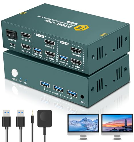 KVM Switch 2 PC 2 Monitore HDMI 4K@60Hz, Dual Monitor KVM Umschalter mit 3 USB 3.0 Ports, Tastatur Maus Drucker gemeinsam nutzen, Extended/Copy Mode, für Home Office Gaming Windows Mac Linux