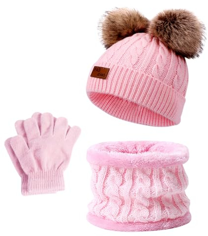 YRPACFB Mädchen Winter Beanie Hut, Schal, Handschuhe Set, Strickmütze Beanie Hut für Mädchen Jungen, Kinder Wintermütze Set, Jungen Handschuhe Runder Schal