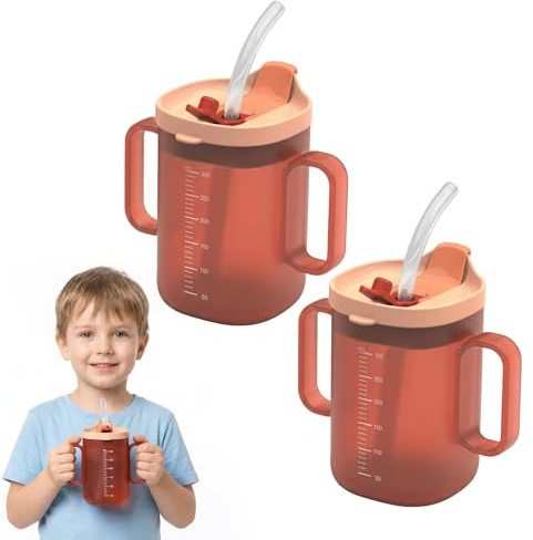 HSMHLYYB Gobelets Anti-Déversement Pour Personnes Âgées, Lot de 2 Gobelet Paille Gobelet Avec Couvercle Anti-fuites, 300Ml Gobelet Anti-Fuite Pour PersonnesÂgées Pour Adultes Patients âgés(Orange)