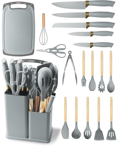 19 Piezas Utensilios de Cocina en Silicona - Juego de Cuchillos de Cocina con 5 Cuchillos, Soporte y Caja, Resistente al Calor Antiadherente (Gris)