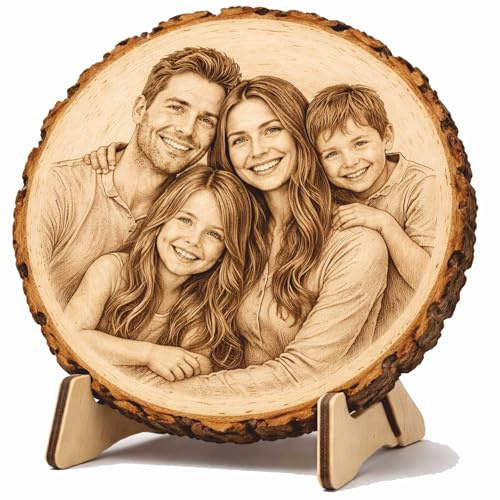 Personalisierte Holzscheibe mit Foto und Wunschtext - 20-23 cm - gravierte Baumscheibe aus Erlenholz mit Rinde - Fotogravur auf Holz - Deko zum Aufstellen oder Aufhängen