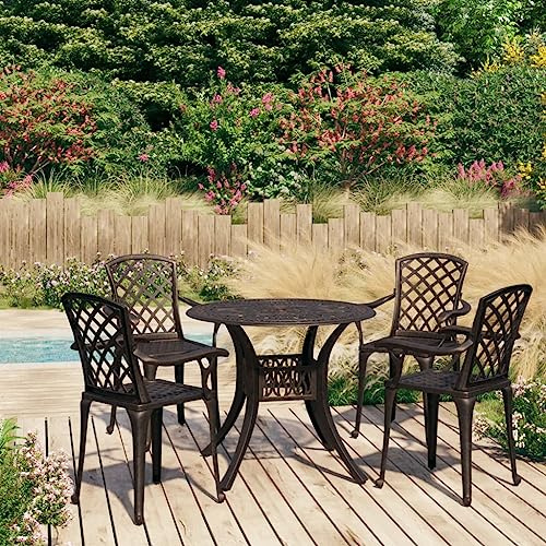 Teenpull Ensemble de Bistro 5 pcs en Aluminium coulé Bronze mobilier de Jardin extérieur Robuste avec 4 chaises Patio et Table Ronde avec Trou Parasol pour terrasse et Balcon
