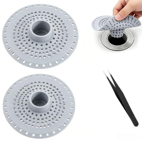 2PCS Filtre Drain Silicone Anti Cheveux Douche avec Ventouses | Filtre cheveux douche silicone avec ventouses, pack 2PCS avec 1 pince, récupérateur cheveux douche pour baignoire et évier.