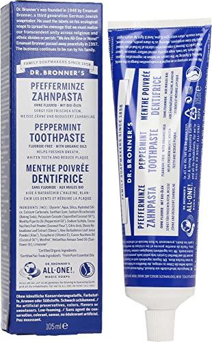 Dr Bronner's All One Peppermint Toothpaste, Made with Organic, Fluoride-Free Ingredients with No Artifical Colours, Flavours, Preservatives or Sweeteners, Vegan Friendly, 105ml Tube