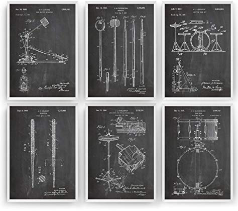 Schlagzeuger Patent Poster - Set Of 6 Prints - Drum Set Jahrgang Drucke Drucken Bild Kunst Geschenke Zum Männer Frau Entwurf Dekor Vintage Art Decor - Rahmen Nicht Enthalten