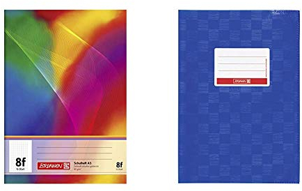 Brunnen 104590802 Schulheft A5 (16 Blatt, 5 x 7 mm rautiert, mit Rand) & 104052536 Hefthülle/Heftumschlag (A5, Folie, mit Namensschild) blau