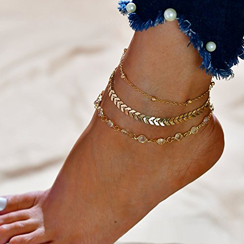 Edary Boho Doppelherz Kristall Fußkettchen Vintage Perlenkette für Strand auch als Armband Schmuck für Frauen und Mädchen (Gold 3)