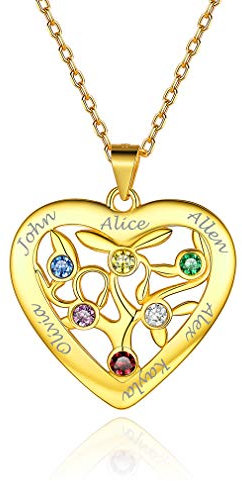 Custom4U Collier Personnalisé Prénoms Collier Coeur Arbre de Vie Plaqué Or Argent 925
