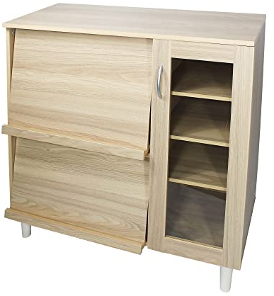 Iris Ohyama, Armario multicontenedores / aparador con tapa corredera y puerta de cristal / armario de madera / armario de cocina, Diseño,Modular, Cocina, sala - Cabinet - KBN-9390 - Marrón claro
