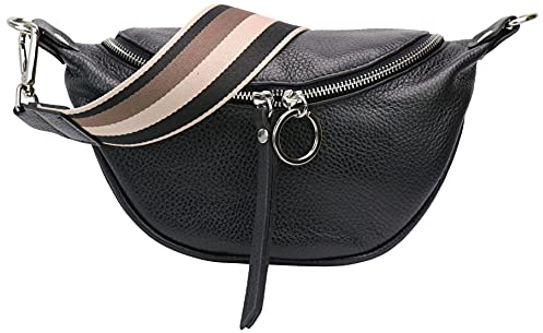 SH Leder echt Leder Damen Brusttasche für Festival Reise Kleine Hüfttasche Crossbody Frauen mit stoff Taschengurt 25x13cm Ella G498 (Schwarz)