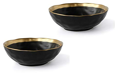 KKGUD Lot de 2 bols à céréales vintage en céramique pour soupe, céréales, riz, salade, nouilles - Design élégant avec bords dorés - Noir - 14 cm