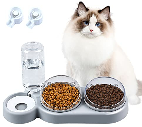 Katzennapf,Futternapf Katze,Fressnapf Katze 3 in 1 Katzen Napfset,rutschfeste Katzennapf Erhöht mit Automatischem Wasserspender für Kleine und Mittelgroße Hunde und Katzen (grau)