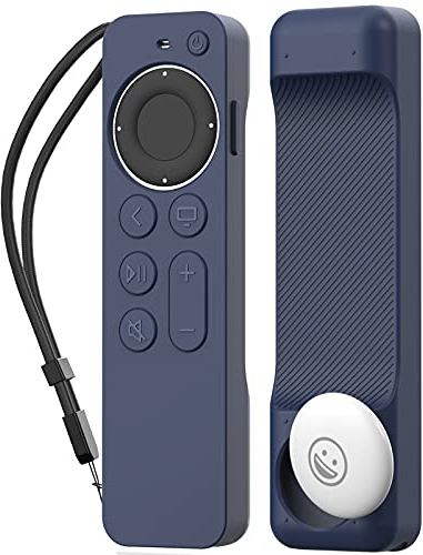 AHASTYLE Case for Apple TV Remote 2021 [AirTag Holder Built in], Silicone Cover Skin Compatible with Siri Remote (2nd Gen) and AirTag with Hand Strap (Midnight Blue)