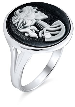 Bling Jewelry Antike Hip Cool Schwarz Weiß Runde Lünette Weibliche Lolita Skelton Cameo Ring Für Jugendliche Frauen Biker Schmuck Punk Rock .925 Sterlingsilber