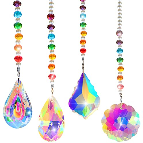 Sonnenfänger Kristall Fenster 4 Stück Perlen Anhänger Deko Suncatcher Regenbogen Fensterdeko Hängend für Zuhause,Büro, Gartendekoration Im Freien
