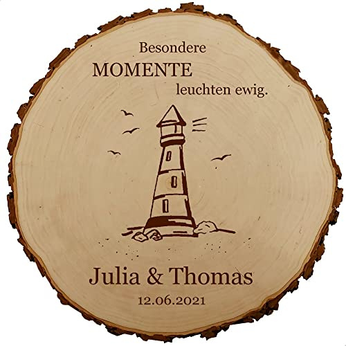 Baumscheibe 30cm mit Gravur (Namen, Datum) personalisierte Holz-Scheibe mit Leuchtturm, Hochzeitsgeschenke Geschenkidee Jubiläum Hochzeitsdeko, MotivH4