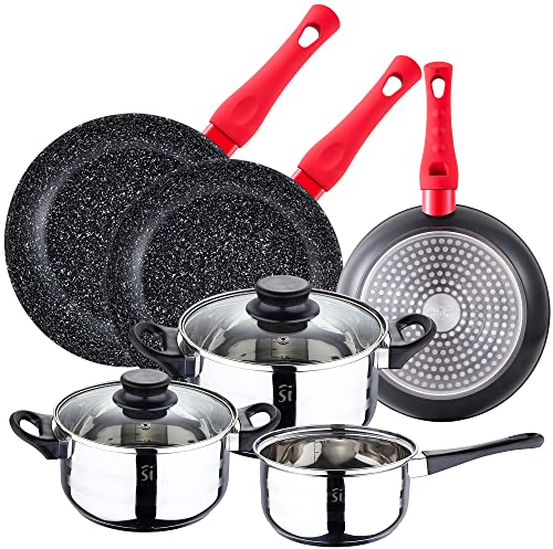 San Ignacio PACK BATERÍA DE COCINA 5 PIEZAS SET DE 3PC SARTENES 20/24/28 cm EN ALUMINIO FORJADO, Cromado Y Negro, PK4923
