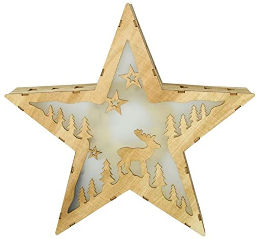 Bambelaa! Stern Holz Beleuchtet 10 LED Weihnachtsbeleuchtung Weihnachtsdeko Weihnachten Deko Holzstern Weihnachtsstern Fensterdeko Tisch Dekoration Batteriebetrieben ca. 30 x 30cm