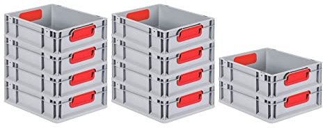PROREGAL SuperSparSet 10x Eurobox NextGen Color | HxBxT 12x30x40cm | 11 Liter | Griffe rot geschlossen | Glatter Boden | Eurobehälter, Transportbox, Transportbehälter, Stapelbehälter