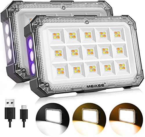 MEIKEE Foco LED Recargable, 2 PC Luz de Trabajo Portátil USB con Baterías 5000 mAh, 1000lm, 3 Color Ajustable, 3 Brillo, IP65, Linterna UV + DW con Iman para Emergencia, Pesca, Taller, Obra