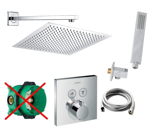vanvilla Duschsystem mit Unterputz Duscharmatur von Hansgrohe ShowerSelect Thermostat und vanvilla Regendusche mit Armatur mit Thermostat, Duschkopf XL, Dusch-SET HG02-XL-ob poliert