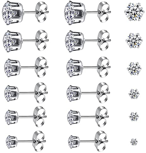 6 Paare Damen Silber Ohrstecker Ohrringe Set Diamant für Mädchen Herren Edelstahl Hypoallergen Ohrringe Cubic Zirkonia Brilliant Ohrringe Ohrstecker Schmuck Geschenk 3-8mm