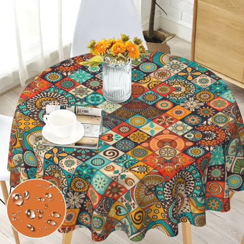 Tischdecke Rund Boho Style Abwaschbar 150 cm, Runde Tischdecke für Draußen Polyester Outdoor Wetterfest Gartentischdecke Mandala Table Cloth für Küche Garten Gartentisch Esstisch Couchtisch Party