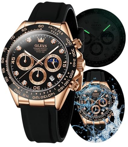 OLEVS Watches for Men Quartz Waterproof Chronograph Analog Multifunction Moon Phase Silicone Diamond Luminous Wrist Watches, Silver black, Chronograph,Digital (rose gold black)