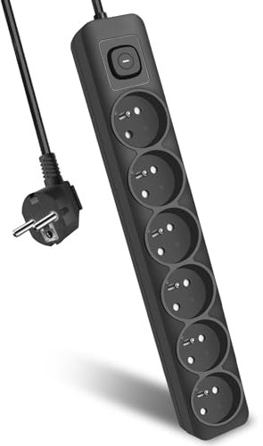 EXTRASTAR Multiprise Noire 6 Prises, Prise Multiple avec Interrupteur, Rallonge Electrique 3m 3G1,5 mm², 16A 250V, Multiprise 3m avec Sécurité Enfant
