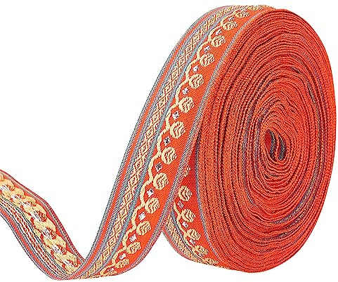 FINGERINSPIRE 11.4 m X 2 cm Besticktes Webband Orange Rotes Polyester Jacquardband Nähen Jacquardbesatz Vintage Jacquardbandbesatz DIY Bastelbedarf Kleidungsdekoration