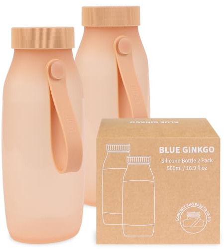 BLUE GINKGO Botella de Agua Plegable Pack de 2 Botellas de Agua Plegables Ligeras para Viajes, Senderismo, Camping | Botella de Silicona a Prueba de Fugas, Imprescindible para Viajar - Melocotón