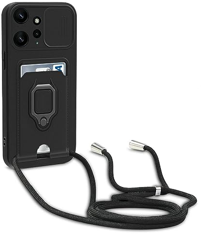 Dllatui Funda Compatible con Xiaomi Redmi Note 12 4G,Cuello Cordón Carcasa Silicona Suave,Ranura con Tarjetas,Carcasa Cubierta cámara Deslizante Proteger, Anillo Soporte (Negro)