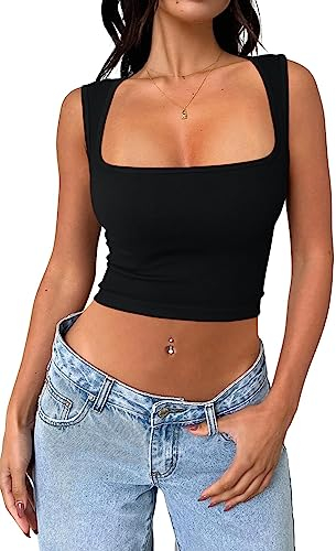 Cuptacc Top Femme Basiques Débardeur Crop Haut Sexy Popularité Col Carré sans Manches T Shirt Noir Moyen M 38-40